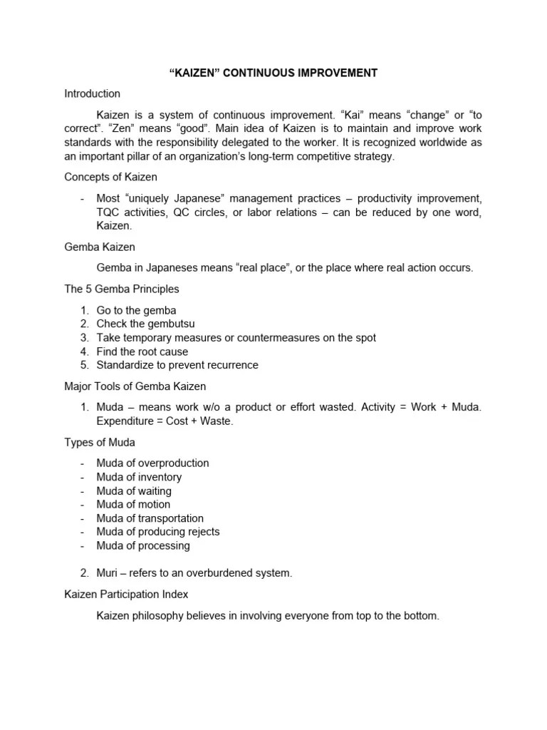 Kaizen Continuous Improvement Pdf Production And Manufacturing
