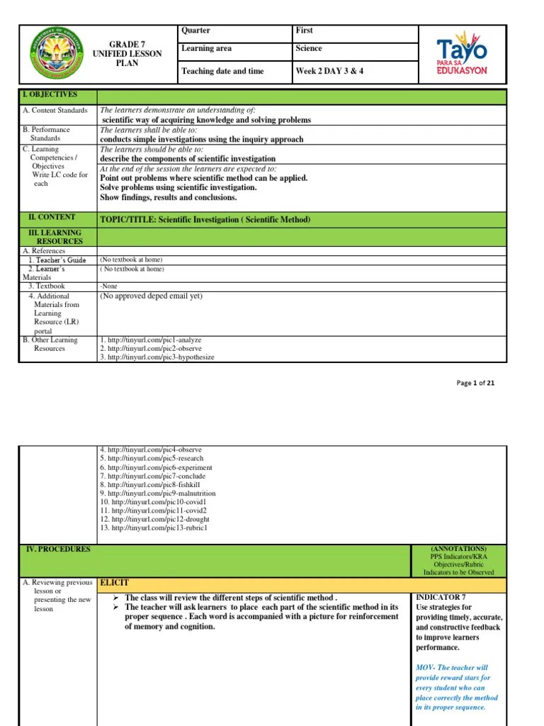 Grade 7 1st Quarter Week 2 Day 3 4 | PDF | Scientific Method | Learning