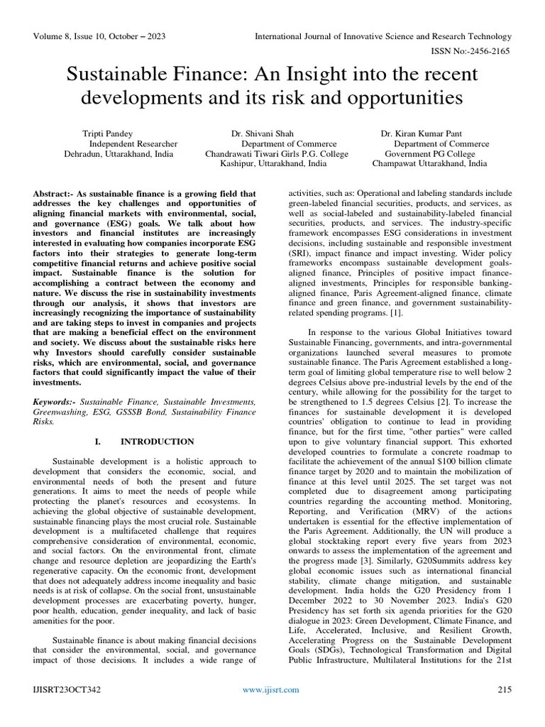 Sustainable Finance: An Insight Into The Recent Developments And Its Risk And Opportunities ...