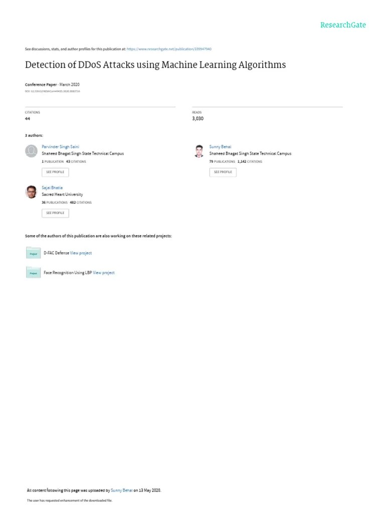 Detection Of DDoS Attacks Using Machine Learning Algorithms | PDF