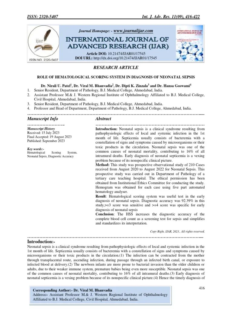 Role Of Hematological Scoring System In Diagnosis Of Neonatal Sepsis | Download Free PDF ...