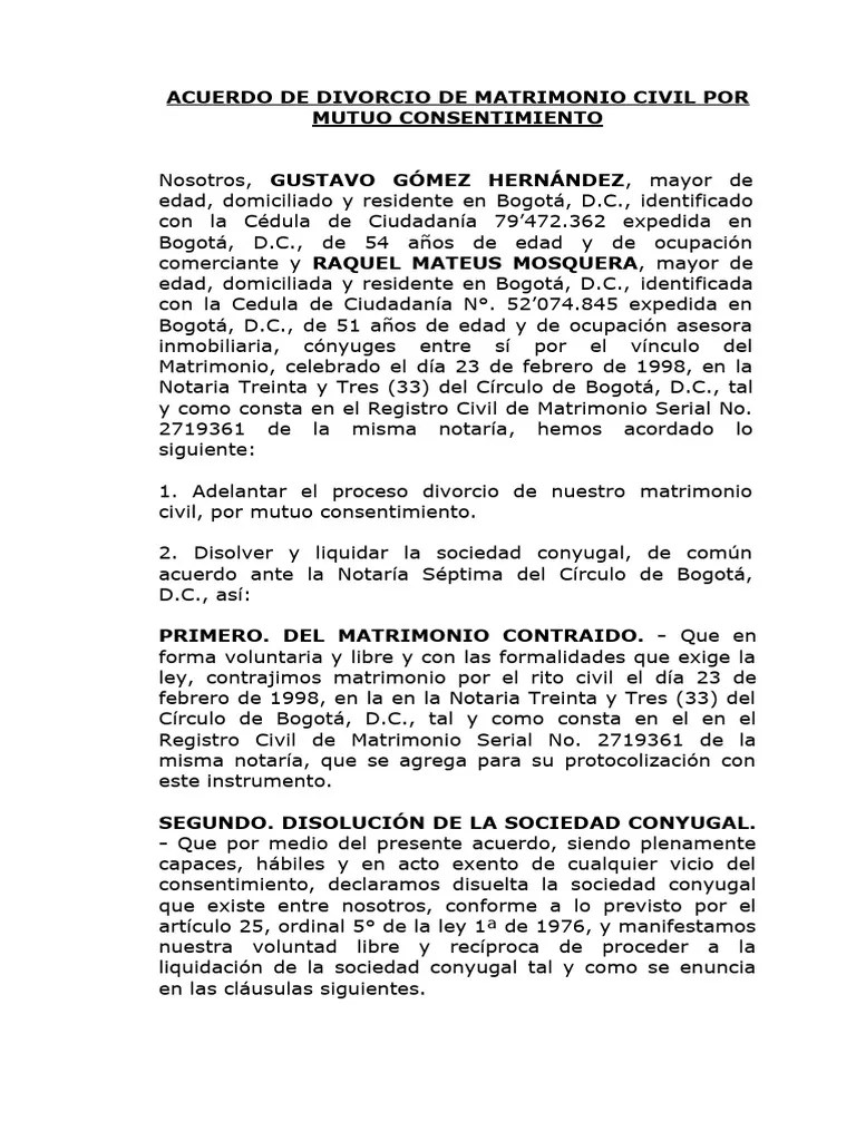 Acuerdo De Divorcio De Matrimonio Civil Por Mutuo Consentimiento ...