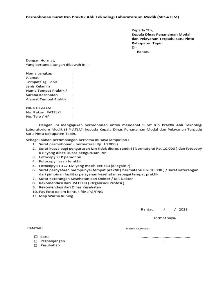 Permohonan Surat Izin Praktik Ahli Teknologi Laboratorium Medik (SIP-ATLM) | PDF