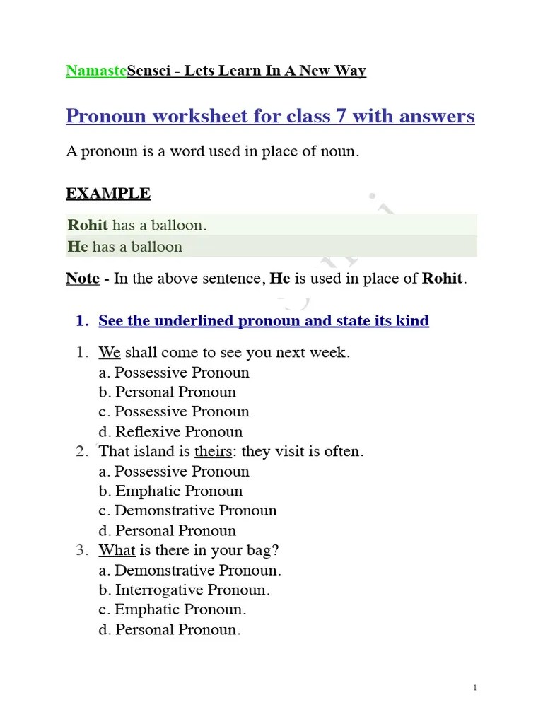 Pronoun Worksheet For Class 7 | PDF | Pronoun | Semantic Units
