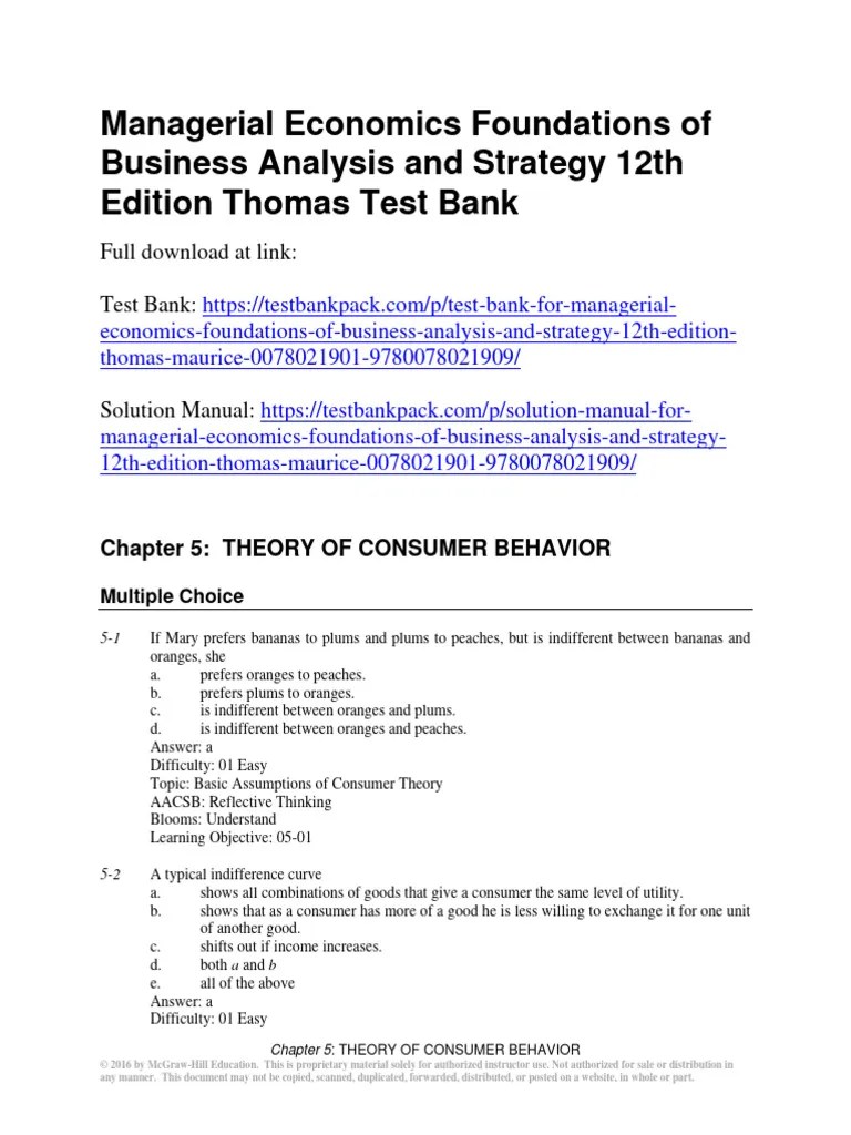 Managerial Economics Foundations Of Business Analysis And Strategy 12th Edition Thomas Test Bank ...