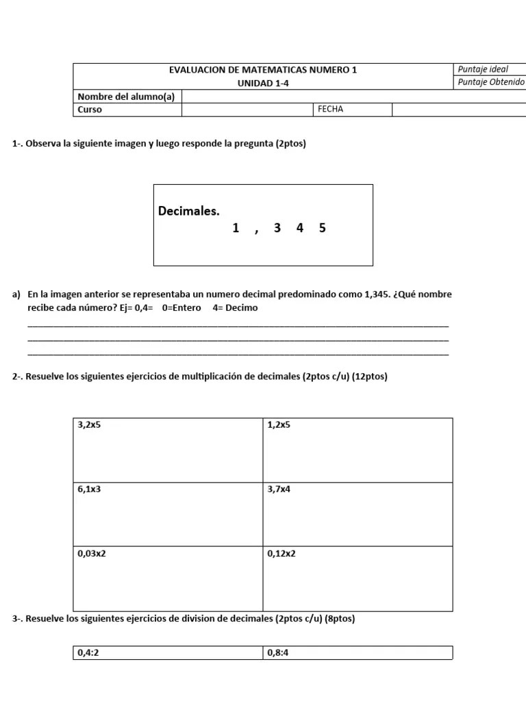 Evaluacion De Matematicas Numero 1 | PDF