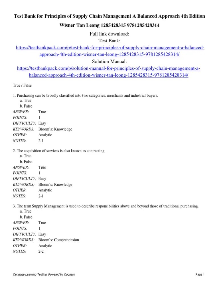 Test Bank For Principles Of Supply Chain Management A Balanced Approach 4th Edition Wisner Tan ...