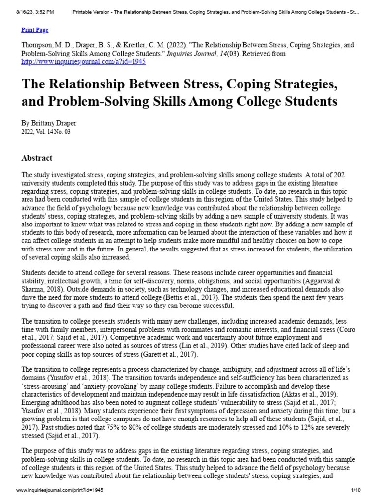 The Relationship Between Stress, Coping Strategies, And Problem-Solving ...