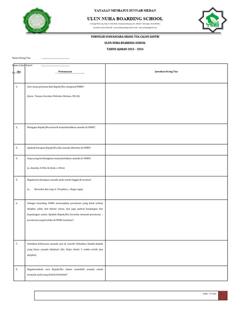 FORMULIR WAWANCARA ORANG Tua BESOK | PDF