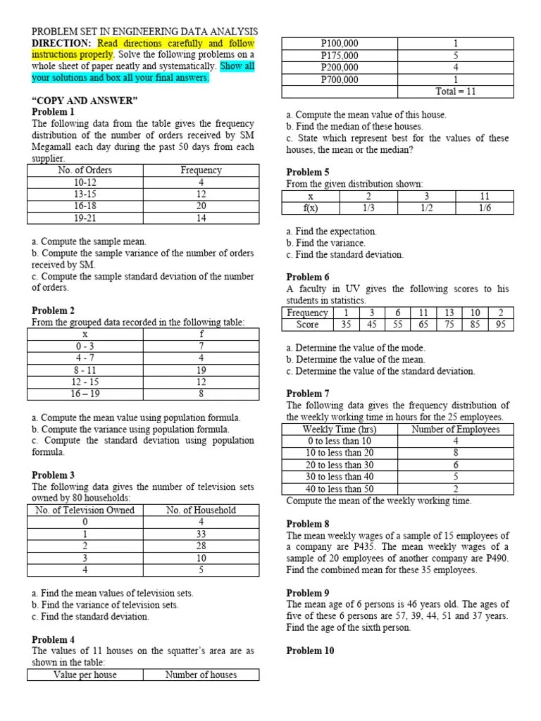 Problem Set 1 In Engineering Data Analysis | PDF
