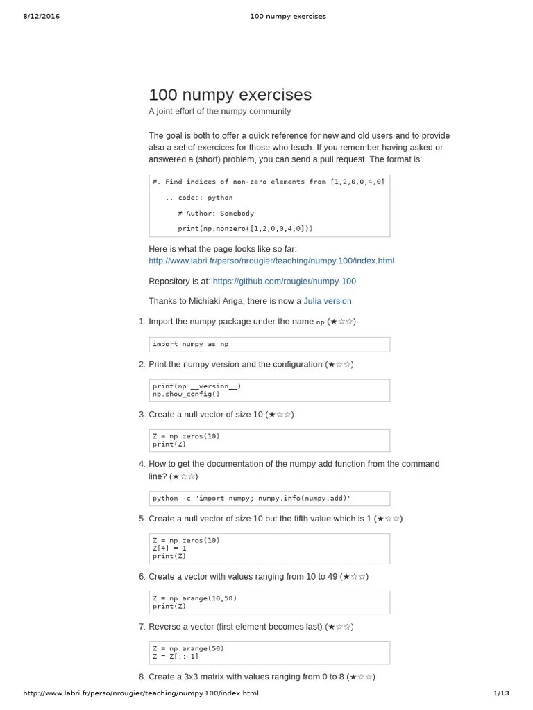 100 Python Numpy Exercise | PDF