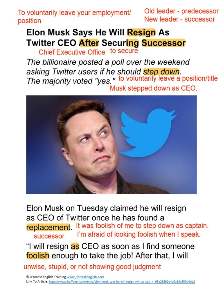 Elon Musk Says He Will Resign As Twitter CEO After Securing Successor ...