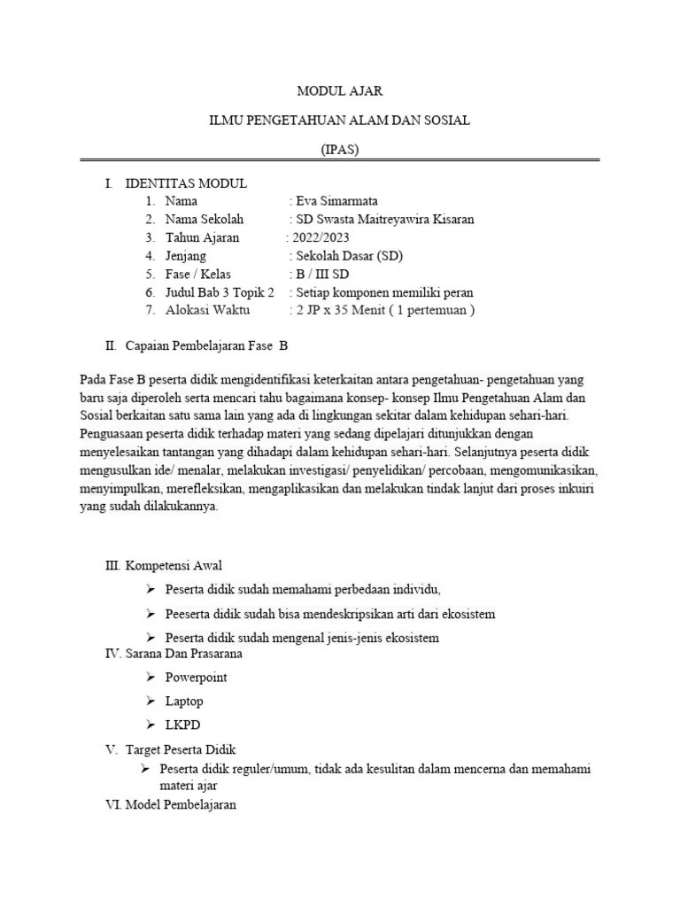 Modul Ajar Ipas Kelas 3 Eva 1 | PDF