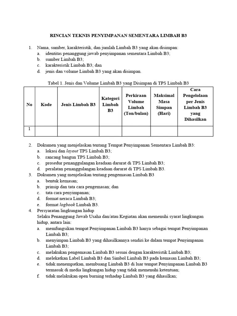 Format Muatan Rincian Teknis Penyimpanan Sementara Limbah B3 | PDF