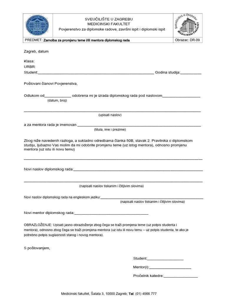 Zamolba Za Promjenu Teme I-Ili Mentora Diplomskog Rada-1 | PDF