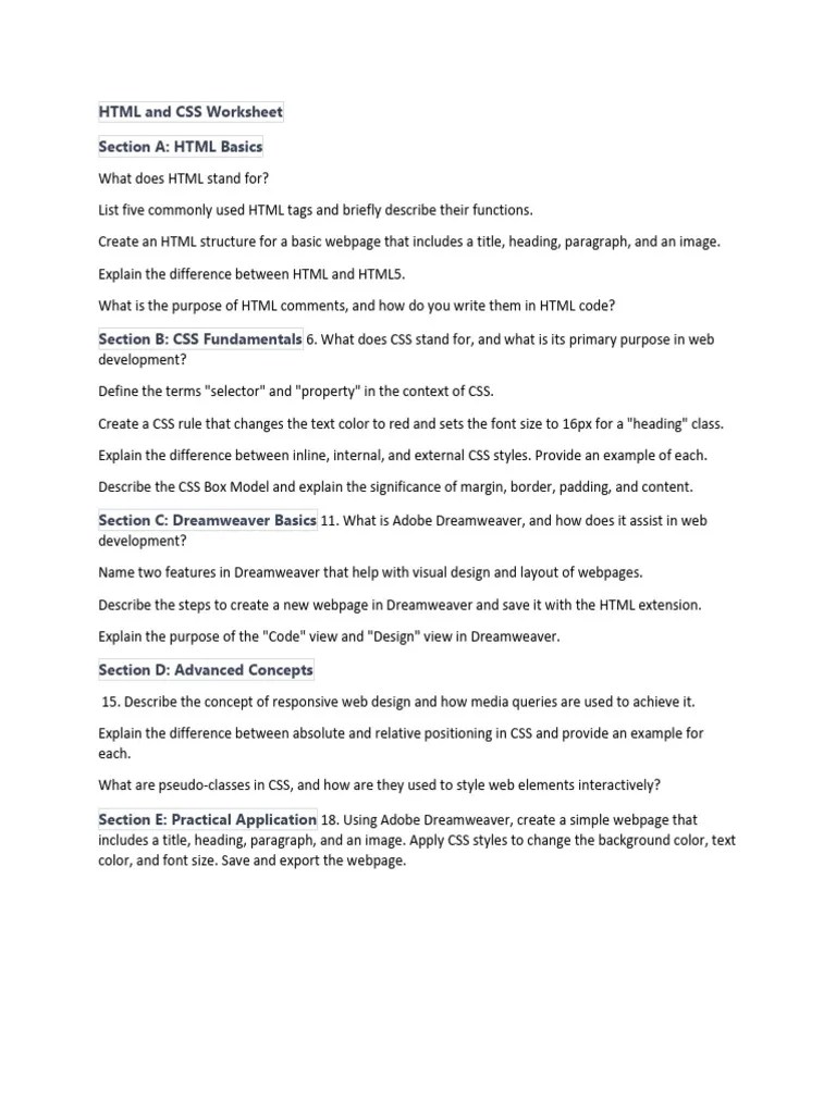 HTML And CSS Worksheet | PDF