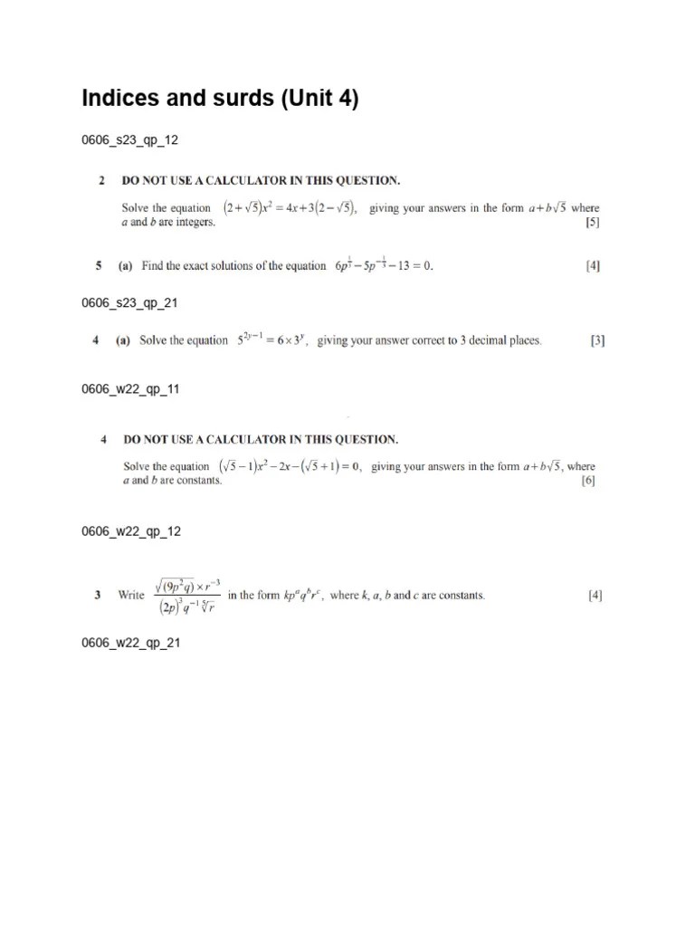 Unit 4 - Indices And Surds Worksheet (IGCSE ADDITIONAL MATHEMATICS) | PDF