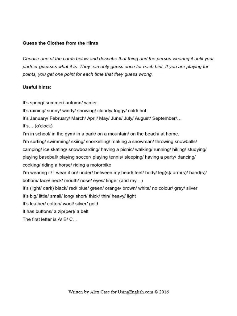 Guess The Clothes From The Hints | PDF