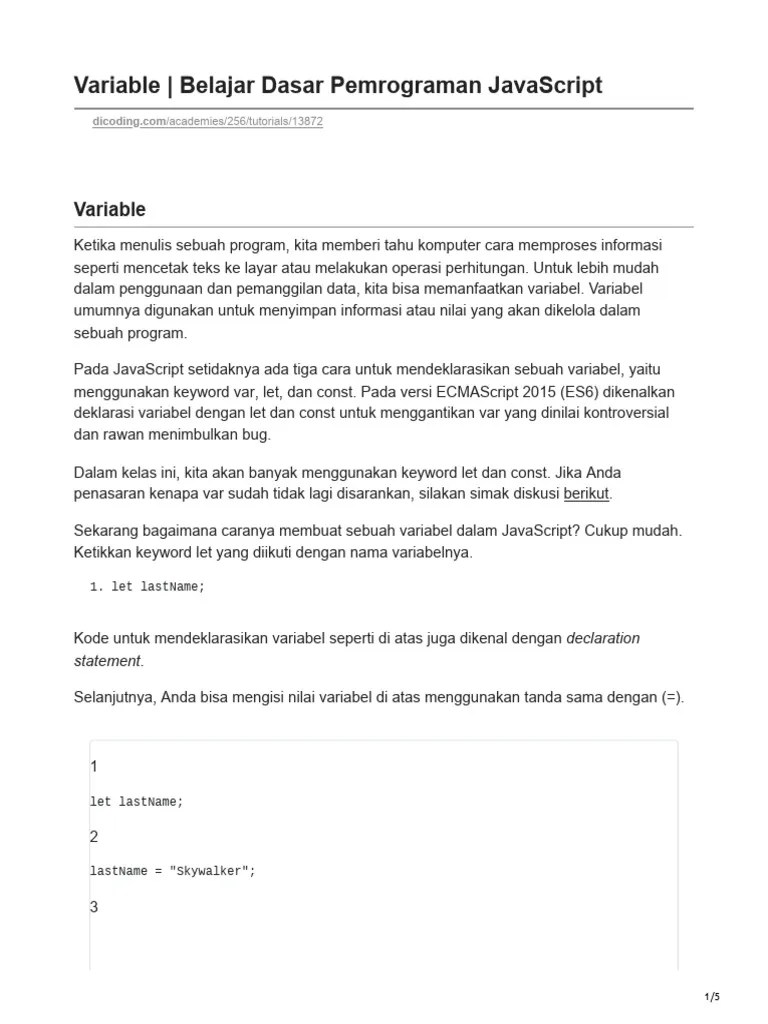 Variable Belajar Dasar Pemrograman JavaScript | PDF