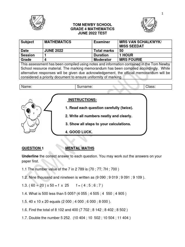 Grade 4 Maths Exam June 2022 | PDF | Mathematics