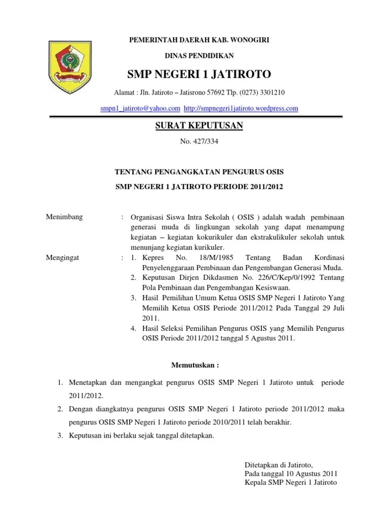 Anggaran dasar dan anggaran rumah tangga osis mts. Contoh Sk Osis Masnurul