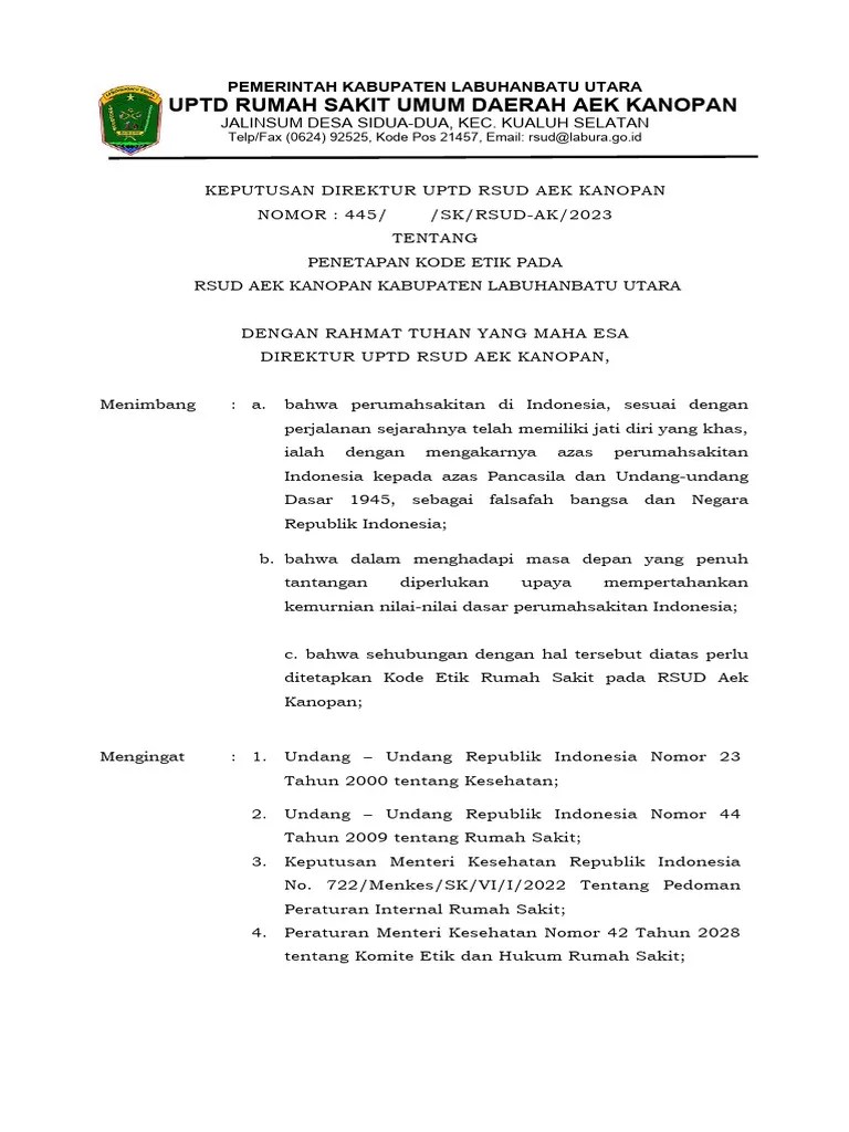 SK Penetapan Kode Etik Rumah Sakit | PDF