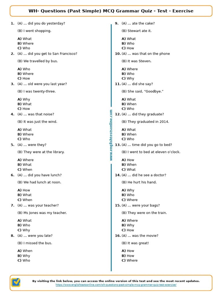 784 - WH Questions Past Simple MCQ Grammar Quiz Test Exercise | PDF