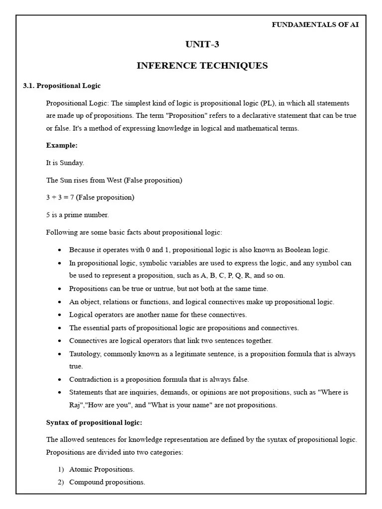 Fundamentals Of AI Unit-3 Notes | PDF | First Order Logic | Logic