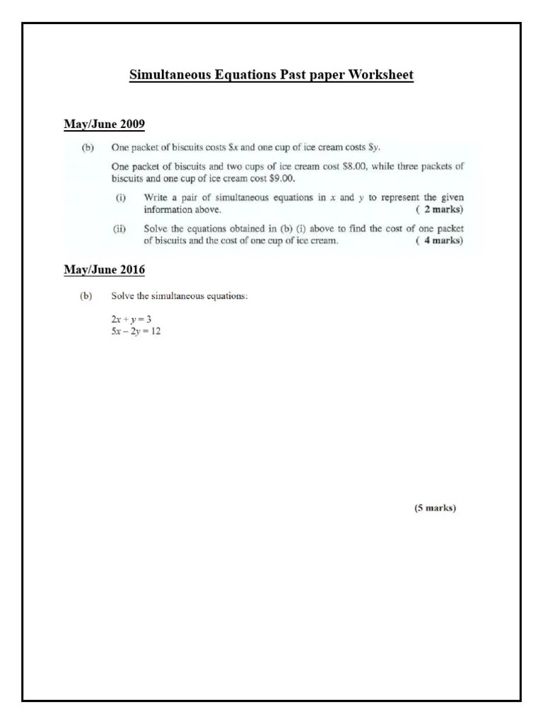 Simultaneous Equations Past Paper Worksheet | PDF