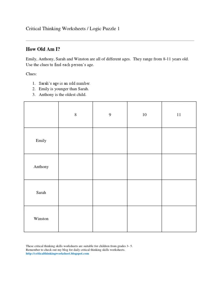 Critical Thinking Logic Puzzles Worksheets | PDF