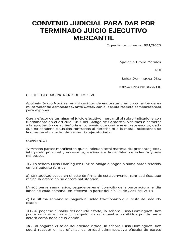CONVENIO JUDICIAL PARA DAR POR TERMINADO JUICIO EJECUTIVO MERCANTIL ...