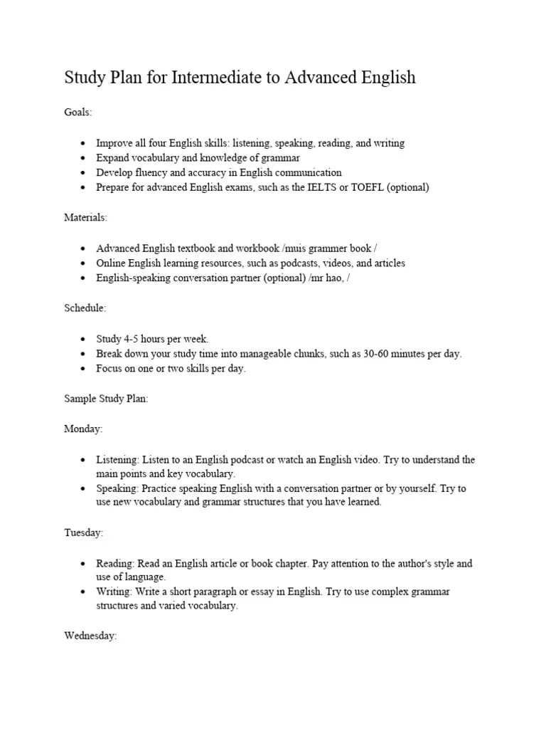 Study Plan For Intermediate To Advanced English | PDF | English ...