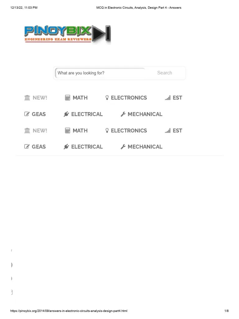 MCQ In Electronic Circuits, Analysis, Design Part 4 - Answers | PDF ...