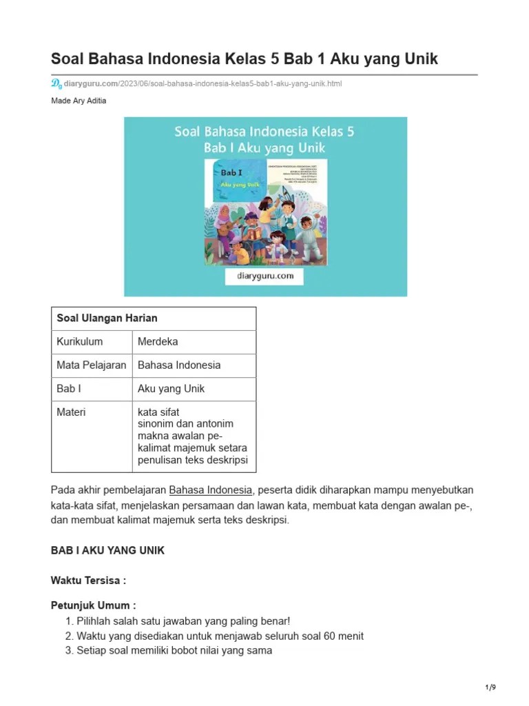 Soal Bahasa Indonesia Kelas 5 Bab 1 Aku Yang Unik | PDF