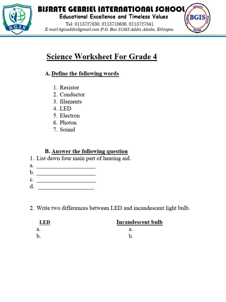 Grade 4 science worksheet
