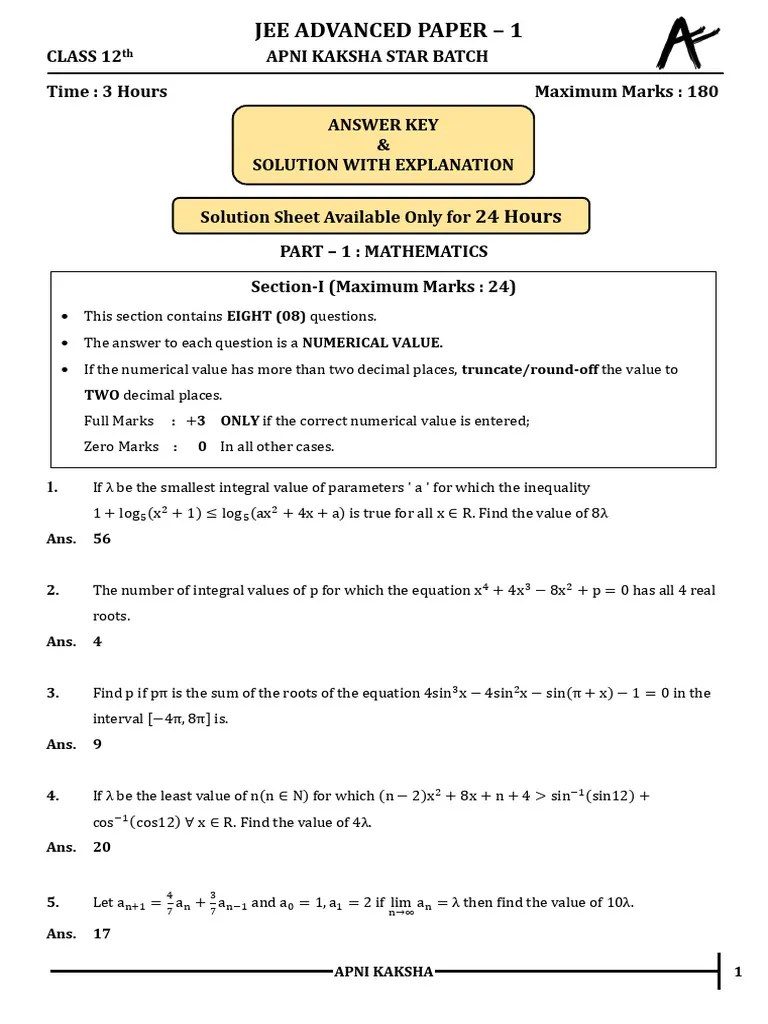 Answer Key & Solution Explanation, JEE Advanced Paper - 1 Star Batch ...
