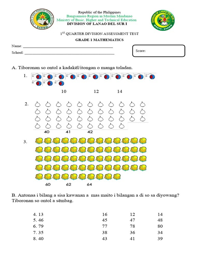 Grade 1 Math ASSESSMENT TEST | PDF