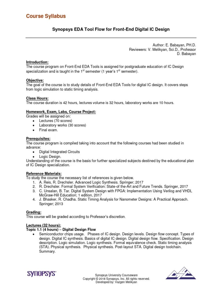 Snps Eda Tool Flow Front End Digital Ic Design Syllabus 2-14-2018 | PDF ...