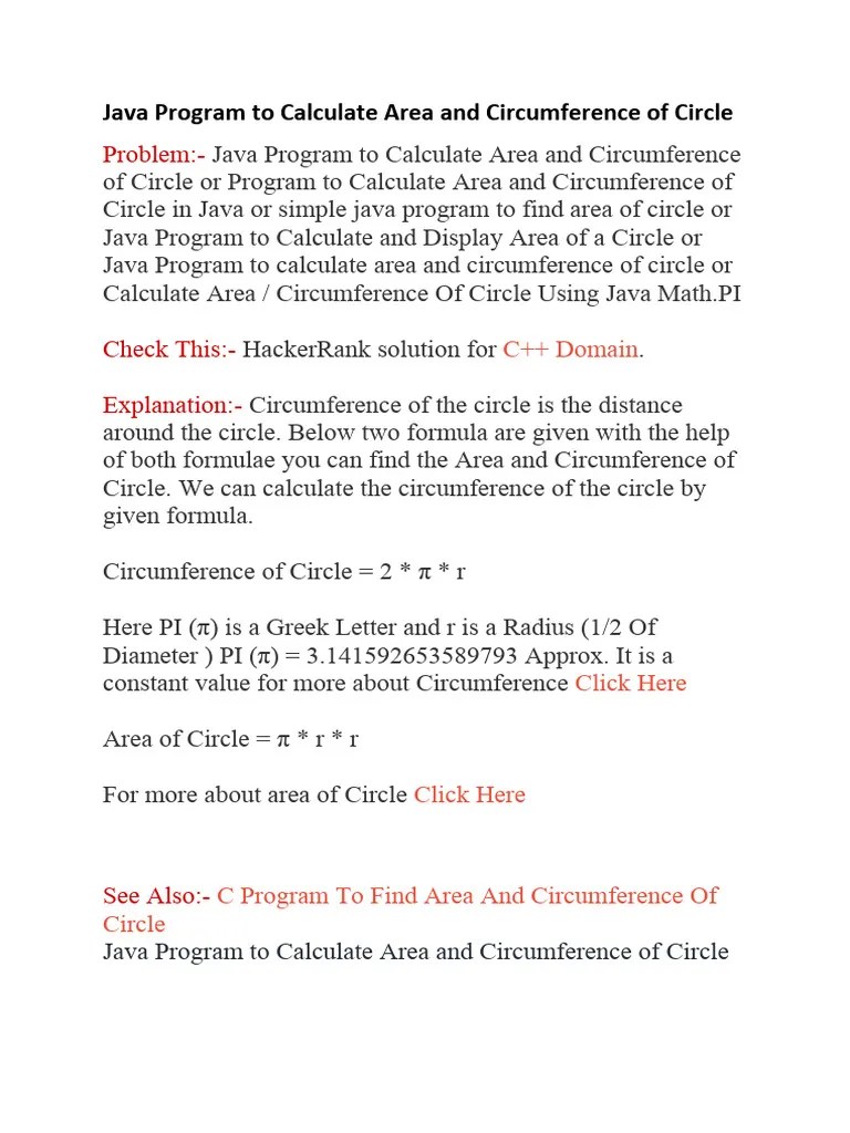 Java Program To Calculate Area And Circumference Of Circle | PDF