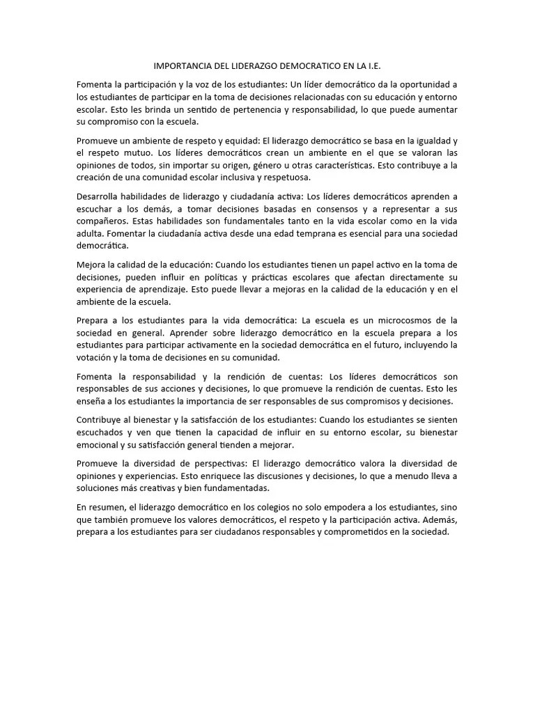 Importancia Del Liderazgo Democratico En La I | PDF | Liderazgo | Democracia