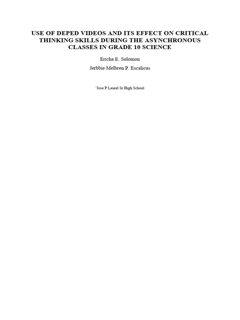 Use Of Deped Videos And Its Effect On Critical Thinking Skills During ...