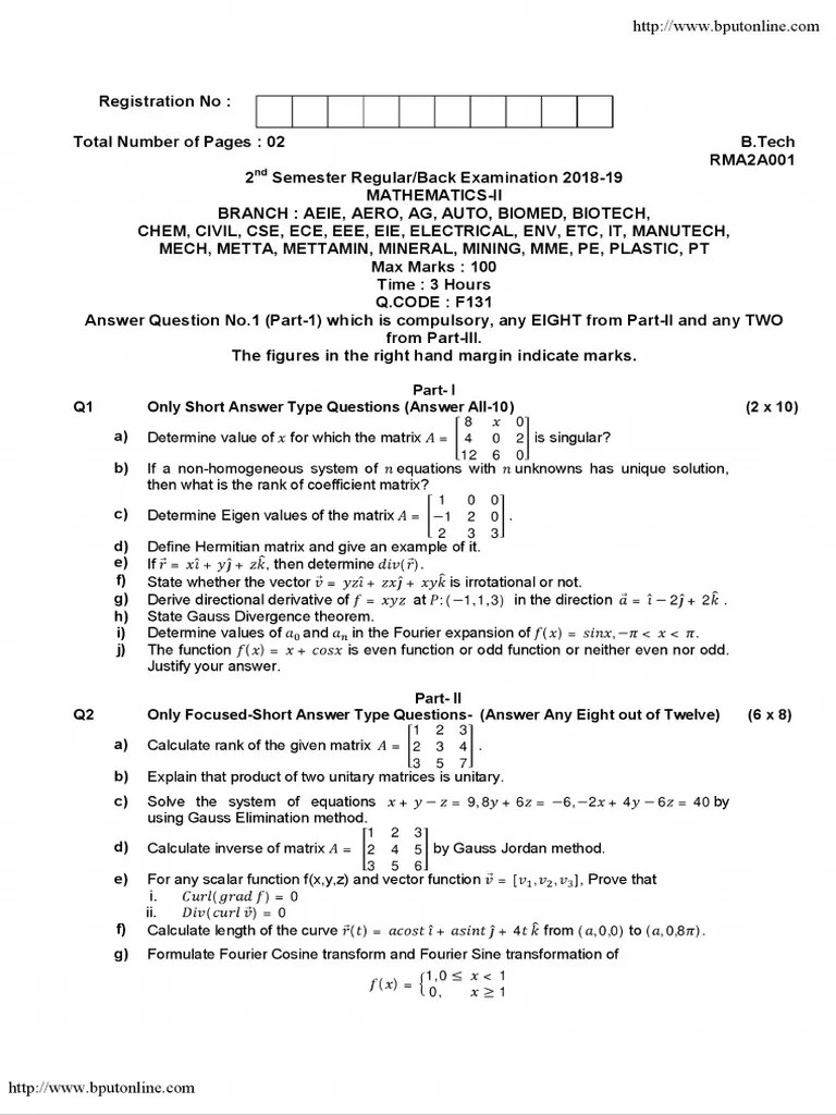 Btech 2nd Sem Math Questions2018 | PDF