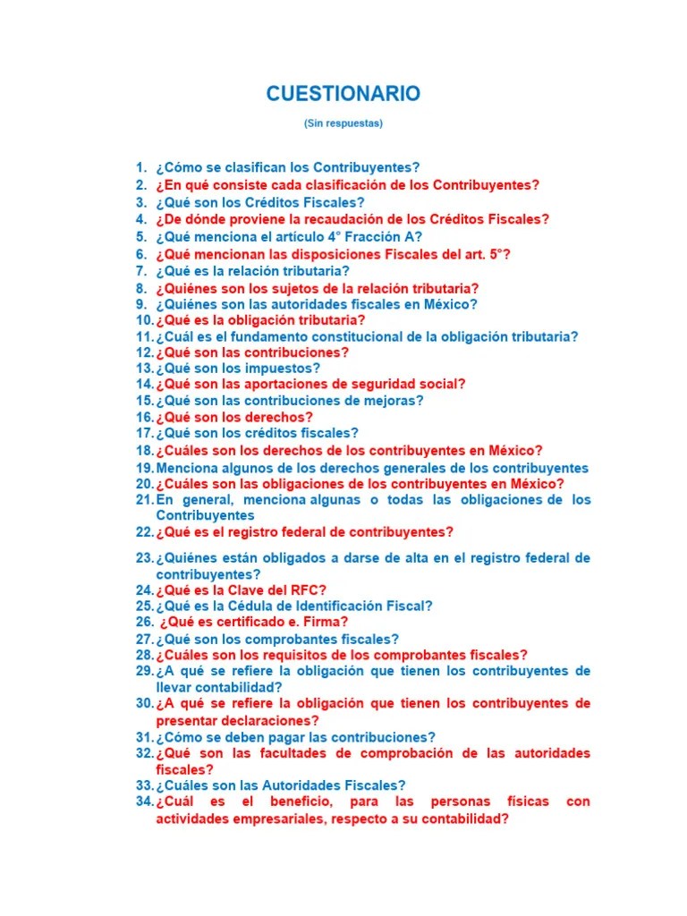 CUESTIONARIO De Derecho Fiscal | PDF | Impuesto Sobre La Renta | Impuestos