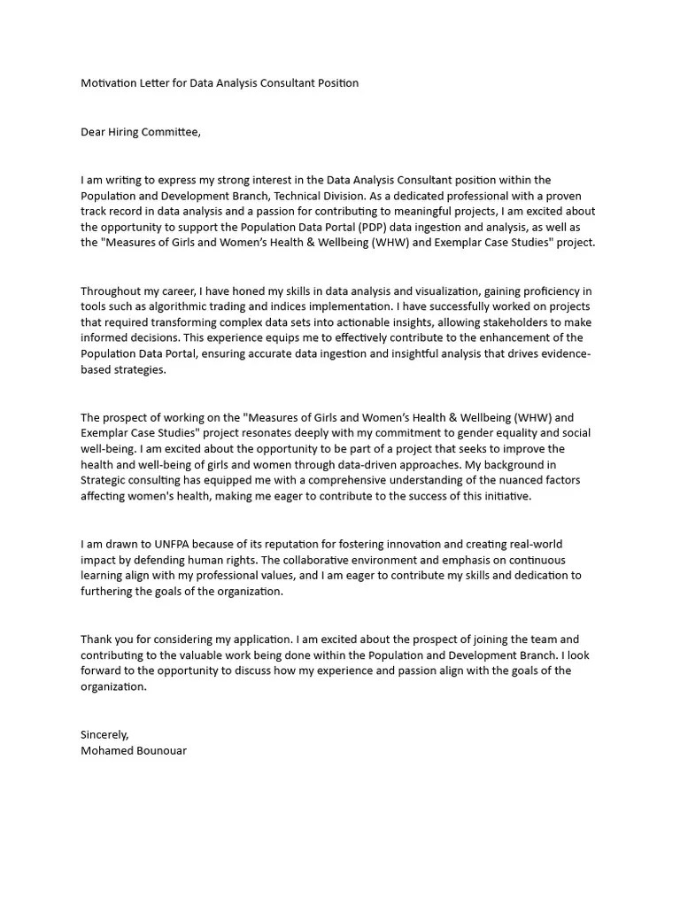 Motivation Letter For Data Analysis Consultant Position | PDF