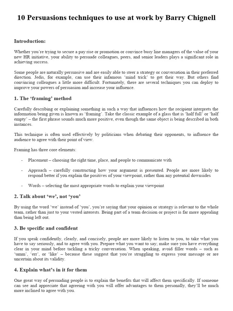 Barry Chignell - 10 Persuasion Techniques To Use At Work | PDF | Persuasion | Framing (Social ...