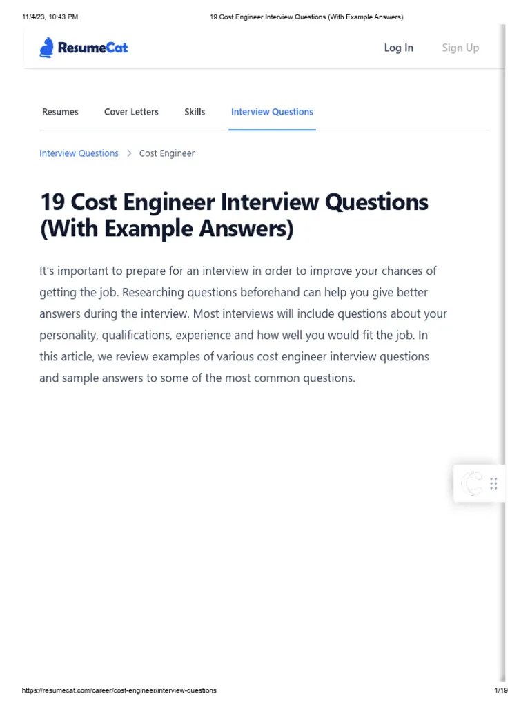 19 Cost Engineer Interview Questions (With Example Answers) | PDF | Risk Management | Risk