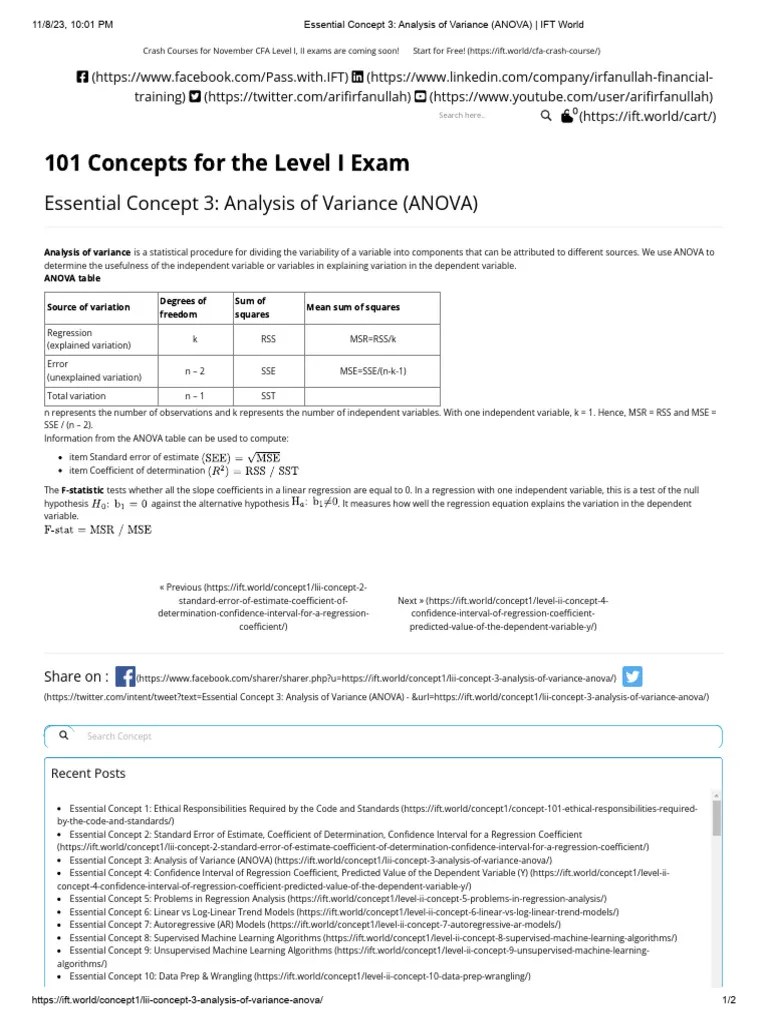 Essential Concept 3 - Analysis Of Variance (ANOVA) - IFT World | PDF ...