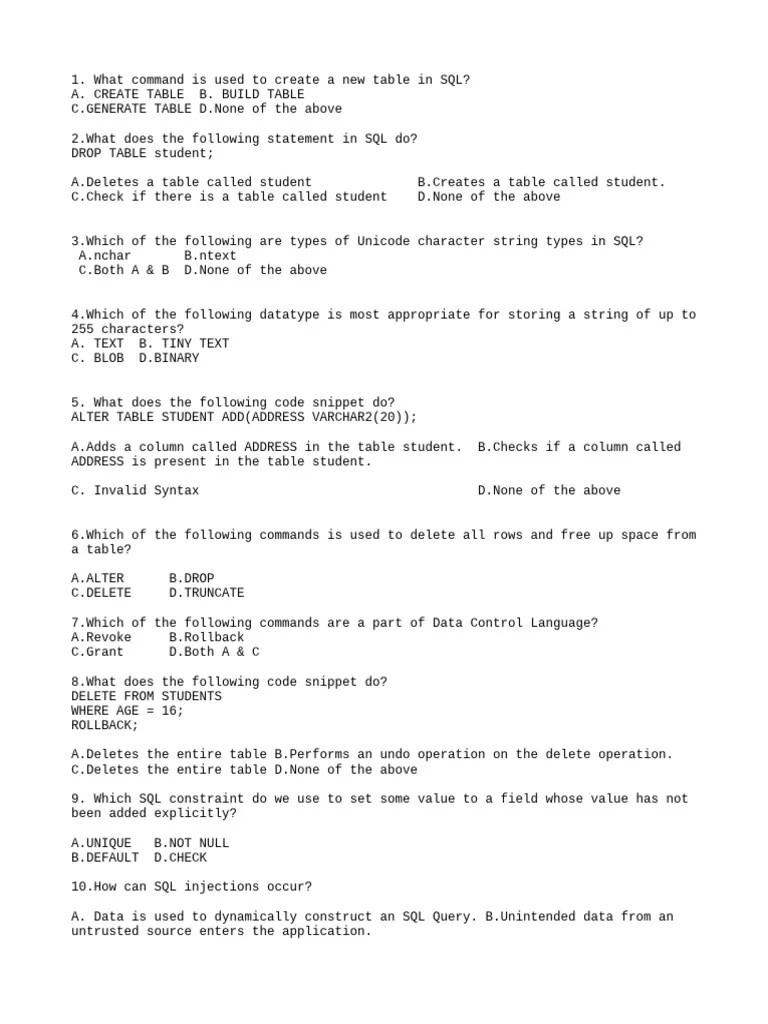 MCQ Ques | PDF | Sql | Table (Database)