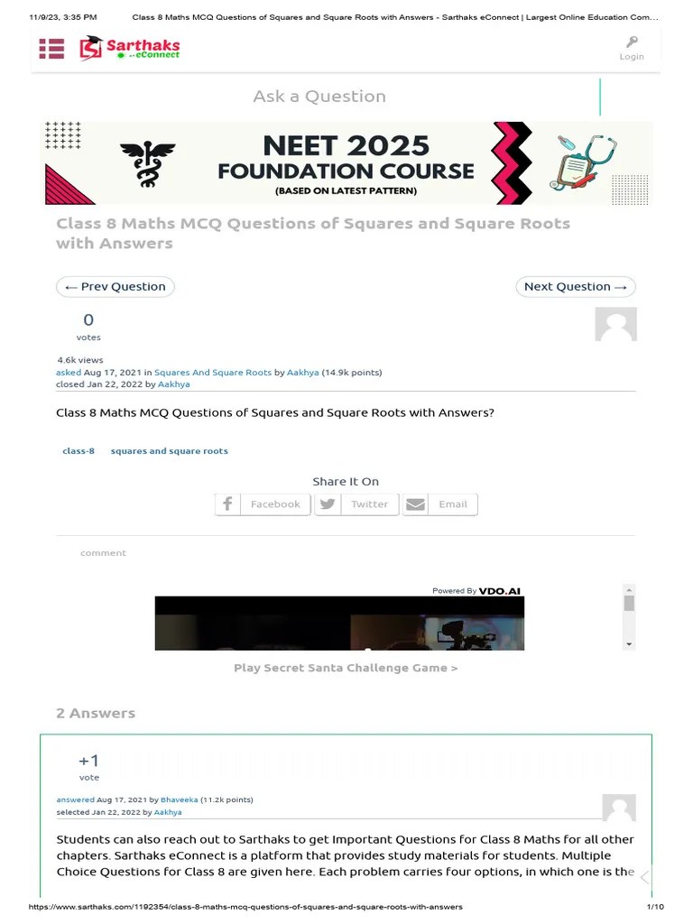 Class 8 Maths MCQ Questions Of Squares And Square Roots With Answers - Sarthaks Econnect ...