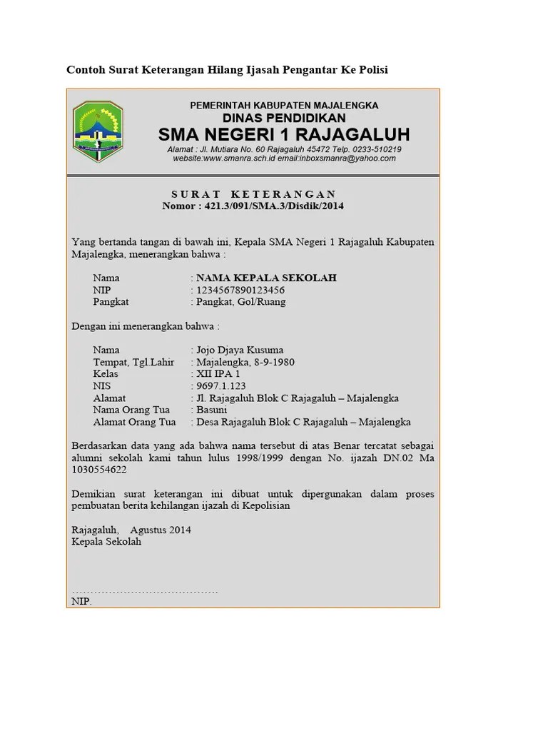 Dokumen - Tips Contoh Surat Keterangan Hilang Ijasah Pengantar Ke Polisi | PDF